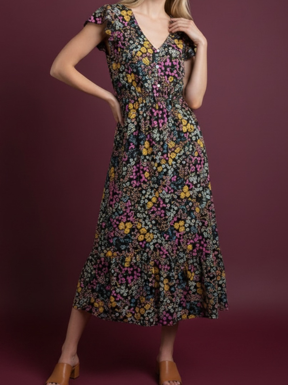 Floral V-Neck Midi Dress Pink & Yellow Floral design. M